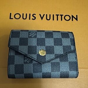 Louis Vuitton Gray Checkered Wallet with Gold Button